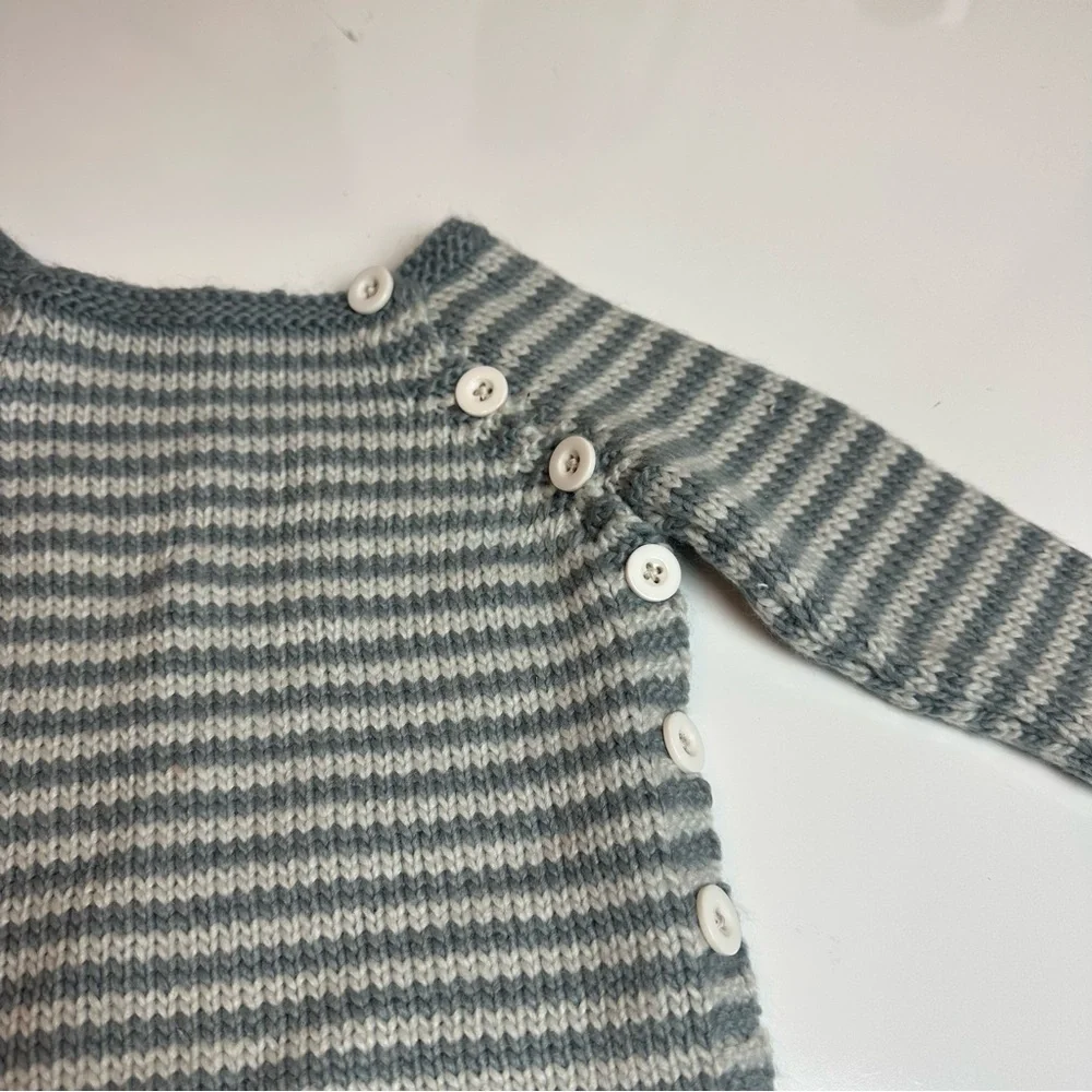Hand-Knit Baby Sweater | Gray White Stripe · Button Shoulder · 6–9M